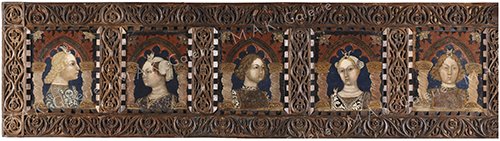 Galerie de portraits de jeunes femmes et de jeunes hommes, courtisans des Visconti-Sforza (détail des cinq panneaux de gauche)